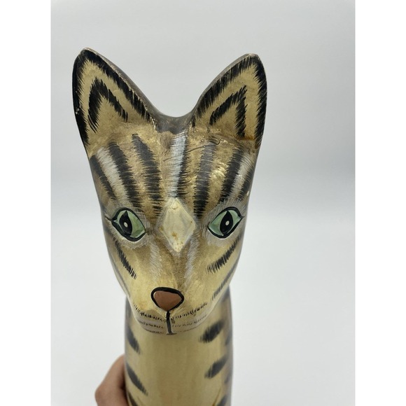 Vintage Folk Art Carved Painted Striped Wooden Cat 15" H Kitty Figurine - Picture 8 of 9